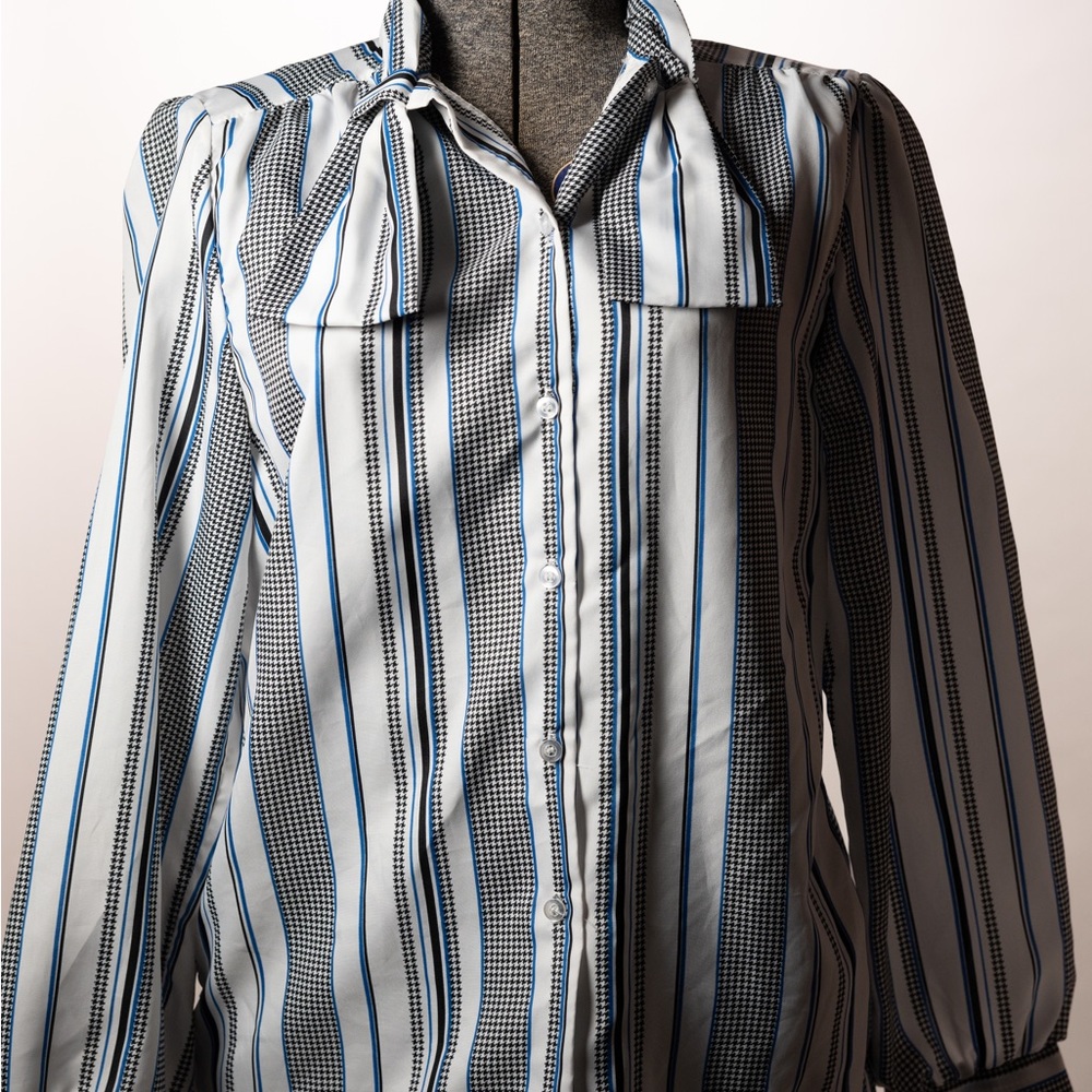 Vintage houndstooth shirt / Womens tie neck / portofino Shirt